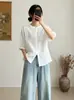 Camisa de Gasa de Algodón de Doble Capa con Cuello Alto y Mangas Medias para Mujer, Ropa de Verano, Estilo Japonés de Exportación, Top Suave y Amigable con la Piel de Algodón Puro de Media Manga