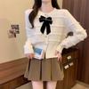 Cardigan de Tricô Doce e Fresco com Laço para Outono de 2025, Novo Suéter Versátil Solto Estilo Coreano, Tendência Pequena Estilo Chanel