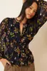 Camisa floral de gasa transfronteriza europea y americana más vendida para mujer, cuello en V, mangas abullonadas, entallada en la cintura, adelgazante, top vintage floral de manga larga