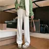 Calças de Lã Wide-Leg Branco-Cremoso Femininas Outono e Inverno Calças de Perna Reta com Forro de Lã Versão Estreita Longas Soltas Primavera e Outono Calças Banana Espinha de Peixe