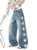 Jeans estiloso e versátil com estampa de estrelas lavadas para homens 2026, calça longa larga e solta moderna com efeito desgastado