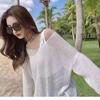 Blusa de Tricô Vazada Transparente de Verão 2024 Feminina Fina Estilo Coreano Comprimento Médio Solta Casual Decote V Proteção Solar