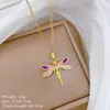 [Aço Titânio] Libélula Colorida Gota de Óleo Luxo Leve Luxuoso Colar Totalmente Cravejado Feminino Mais Fácil de Combinar Corrente de Clavícula Corrente de Aço Titânio
