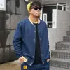 Jaqueta jeans lavada estilo americano com gola redonda para homens, jaqueta baseball color blocking, moda primavera e outono, peça externa casual masculina solta e moderna