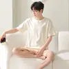 Pijama de Pareja Verano Hombres Algodón Puro Rayas Manga Corta Pantalones Cortos Agradable a la Piel Casual Talla Grande Hombres Delgado Conjunto de Ropa para el Hogar