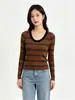 Fábrica de Malhas Dalan Source Suéter de Tricô Listrado com Gola U Slim Fit para Mulheres, Camada Base Slimming de Manga Longa para Outono e Inverno