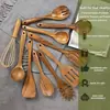 Espátula Pequeña de Madera de Acacia, Espátula de Madera para Sartén Antiadherente, Cuchara Sopera de Madera con Mango Largo, Cuchara Pequeña de Madera para Arroz, Juego de Espumadera para Fideos de Madera de Teca