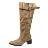 Botas Altas para Mujer Estilo Primavera/Otoño 2026 Botas de Gamuza Color Albaricoque con Punta Fina Tacón Grueso Estilizadoras Arrugadas Apiladas