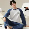 Pijama masculino, estilo primavera e outono, manga longa, calça longa, gola redonda, pulôver, algodão, simples, casual, pode ser usado fora de casa, conjunto para casa