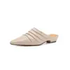 Mules Abertas Femininas para Primavera e Verão com Bico Quadrado Franzido Retrô, Mules de Couro de Salto Baixo Estilo Francês