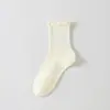 Calcetines de encaje para mujer, de color liso con volantes, estilo japonés, para todas las estaciones, casual, versátiles, hasta la mitad de la pantorrilla, calcetines JK, mocasines Mary Jane