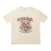 High Street Europeo y Americano Marca de Moda RHUDE Atardecer Cara Redonda de Corazón Impresión de Letras Nuevas Oversize Holgada Camiseta de Manga Corta