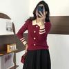 Suéter Polo Color Block Estilo Coreano Manga Longa Moda Petite Elegante Malha Solta Modeladora Camisa Base para Mulheres