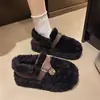 Zapatos Peludos de Lana de Cordero con Suela Gruesa para Mujer 2026 Nuevo Estilo Invierno Hebilla Color Maillard Acolchado Cálido de Algodón para Mujeres Embarazadas