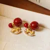 Colgante de Caballo Dorado Estilo Francés, Aretes de Perla Roja, Nuevo Estilo de Año Nuevo, Aretes de Doble Cara, Aretes Elegantes y Lujosos