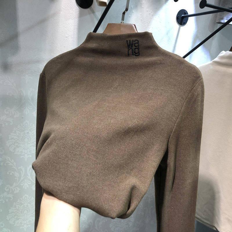 帮手主图-德绒半高领刺绣打底衫女秋冬修身女式上衣女加厚休闲长