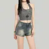 Populares Shorts de Mezclilla Ajustados Elásticos Retro Desgastados de Chica Hot Americana Verano 2025 Nuevos de Cintura Alta para Mujer