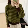 Suéter de capa base de punto a rayas verdes con cuello francés para mujer, Otoño Invierno, para llevar por dentro o por fuera, estilo casual, top de punto