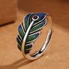Anillo de Pluma Azul Quemado con Esmalte s990 Plateado Tailandés Vintage para Mujer Personalidad Tendencia Estilo Étnico Artesanía Antigua Anillo Suelto