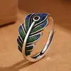 Anillo de plumas vintage color esmalte azul artesanía estilo étnico personalidad todo lo combina abierto ajustable accesorios para el dedo índice