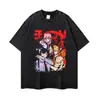 Venda direta do fabricante: Camiseta de manga curta vintage com estampa de mangá japonês, efeito desgastado retrô, manga curta oversized