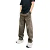 Pantalones casuales de color marrón melange de tiro alto para hombre, estilo callejero americano, adecuados para primavera y otoño, con un diseño ligeramente acampanado y pierna recta.