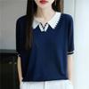 25 Anos Novo Verão Tencel Lyocell Gola Tricô Camiseta de Manga Curta Feminina Color Block Pulôver Camisa Base Top