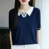 Camiseta de Manga Corta con Cuello Polo de Lyocell Estilo Nuevo de Verano Estilo Coreano Sencilla de Color Contrastante Versátil Elegante Tejido de Punto Moda Ropa para Mujer