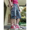 Pantalones Vaqueros Cropped de Trabajo Estilo Callejero Americano Bordados de Dibujos Animados Hechos a Medida de Fábrica para Mujer, Verano Sueltos de Pierna Ancha con Múltiples Bolsillos
