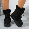 Novos Sapatos de Algodão Quentes com Plataforma Grossa de Inverno para Mulheres 2025 Tamanho Grande com Forro de Lã Espessados com Cadarço Camurça Meia-Canela Botas de Neve