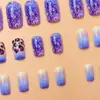 Estilo Chica Caliente Dulce y Fresca Estampado de Leopardo Degradado Uñas Portátiles Azul y Rosa Brillantes Láser Cortas Desmontables Puntas de Uñas Postizas Venta al por Mayor