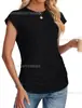 Amazon 2025 Verão Novo Europeu e Americano Transfronteiriço Feminino Colete Cor Sólida Gola Redonda Manga Curta Camiseta Básica Feminina