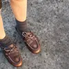 Versión de Piel de Vaca ~ Nuevos Mocasines con Cordones, Color Retro Pulido, Forro de Lana Desgastada, Suela Plana, Suaves y Aptos para Caminar