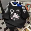 Camiseta de Manga Corta de Algodón Puro Pesado Estilo Coreano Dibujos Animados Holgada Adelgazante Tres Rayas Verano Moderna Cuello Redondo Tops para Hombre y Mujer