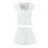 Conjunto Branco Top com Renda Bordada Vazada Estilo Francês, Manga Bufante + Saia de Camadas com Cordão