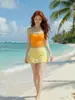 Conjunto de Biquíni Feminino de Quatro Peças Dividido Dopamina Doce Xadrez Férias Deslumbrante Sexy Roupa de Banho de Praia Feminina que Cobre a Barriga