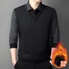 Camisa Térmica de Forro Polar para Hombre Otoño e Invierno, Falsa Dos Piezas, Camiseta de Rayas Gruesas Casual para Hombre de Mediana Edad