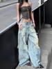 Jeans Rasgado de Design High Street Americano para Mulheres, Estilo de Rua de Verão, Cintura Baixa, Desgastado, Lavado, Calça Wide Leg