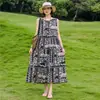 Nuevo Vestido de Algodón y Seda Floral de Algodón y Seda Verano Talla Grande Elegante Playa Sin Mangas Chaleco Vestido Largo para Vacaciones