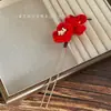 Pasador de Pelo Rojo con Forma de U de Flor, Nuevo Pasador de Lujo Estilo Chinoiserie, Tocado de Estilo Antiguo, Pasador de Pelo de Flor de Terciopelo de Perla, Pasador de Pelo