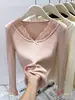 Fábrica de Suéteres Fuente Dalan Encaje Cuello en V Mujer Otoño Manga Larga Encaje Empalmado Ajustado Top Base de Punto