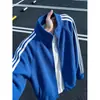 Jaqueta Suéter Cardigan Masculino Outono Estilo Americano Azul Klein Padrão Escama de Dragão Listras Triplas Gola Alta Pesada