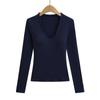 Playera Sexy de Cuello en V de Manga Larga con Hombro Derecho Descubierto para Mujer Otoño e Invierno Básica Ajustada Interior Elástico Adelgazante Look Top con Almohadilla en el Pecho