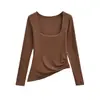 Blusa de Alça Baixa da Moda para Mulheres com Decote Quadrado Elegante de Camada Dupla, Modelagem Justa, Camiseta de Manga Longa Fashion e Quente