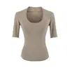 Camiseta de Manga Média com Decote V Estilo Garota Sexy Desejo Puro para Mulheres, Versátil de Verão, Elástica, Slim Fit, Cintura Marcada, Justa, Camiseta Básica