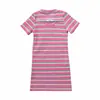 Vestido Camiseta de Punto Rayado Rosa para Niña 2023 Verano Nuevo de Manga Corta Estilo Occidental Cuello Redondo Vestido de Algodón Puro