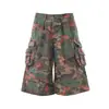 Shorts Casuales de Trabajo Estilo Americano Vintage con Estampado Floral Camuflado, Múltiples Bolsillos, Pierna Ancha, Largo Tres Cuartos, Unisex, Comercio Transfronterizo