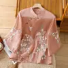 Camisa de Té Mejorada Bordada Estilo Chino para Mujer, Verano Delgada con Cuello Mao Abotonada de Algodón con Mangas de Tres Cuartos
