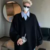 Moletom colarinho patchwork falso de duas peças estilo retrô americano para homens, pulôver casual moderno de outono com caimento solto para casais