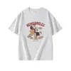 Camiseta Manga Curta Algodão Puro Gola Careca Azul Escuro Feminina Verão Novo Estilo Retro Americano Estampa de Desenho Animado Casual Solta